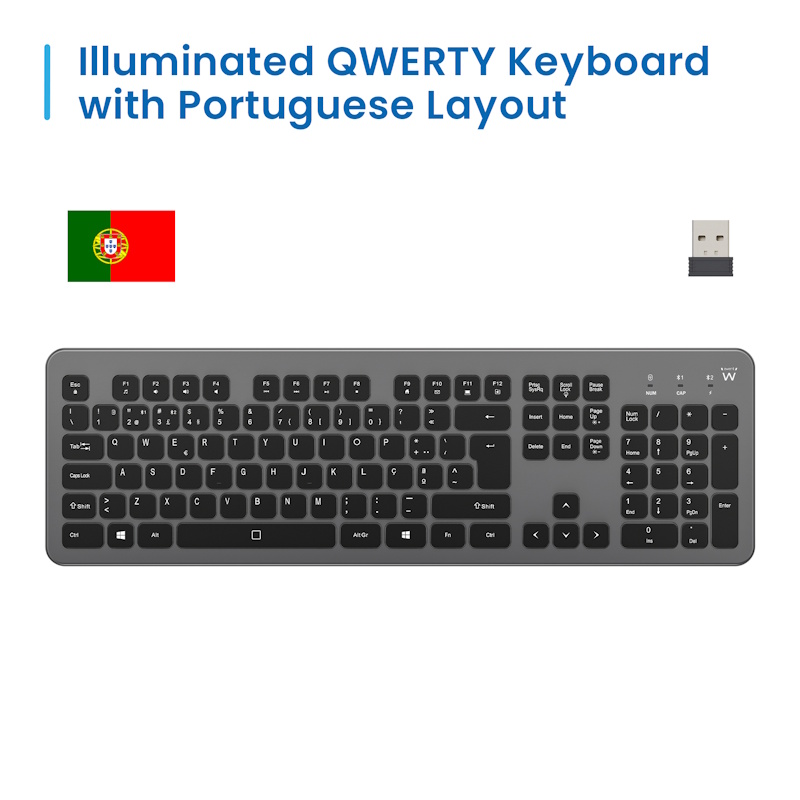 EW3297 | Multi-connection Wireless Keyboard with Backlight, PT Layout | Ewent | distributori informatica